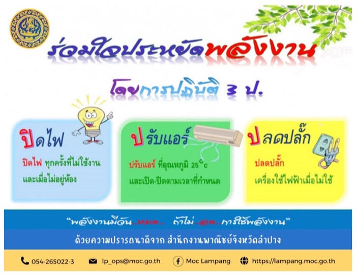 สำนักงานพาณิชย์จังหวัดลำปาง ร่วมรณรงค์ ร่วมใจประหยัดพลังงานโดยปฏิบัติตาม 3 ป